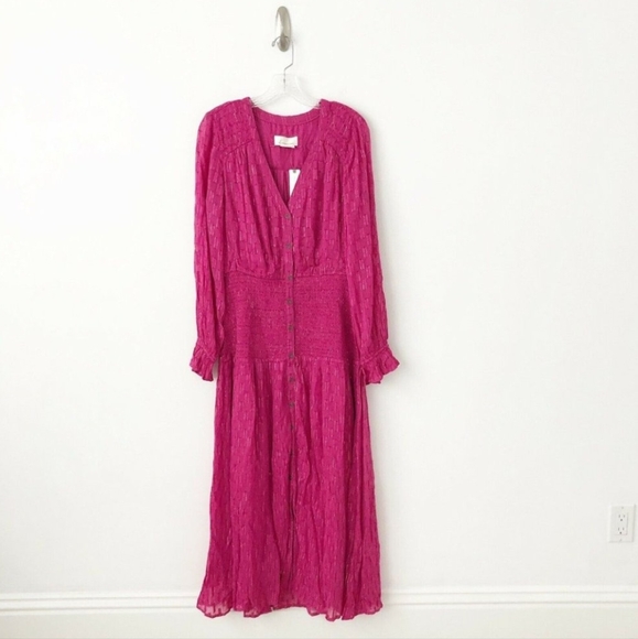 NWT Anthropologie Smocked Maxi Dress M $180 HTF Pink Gold Long Sleeve - Picture 7 of 9